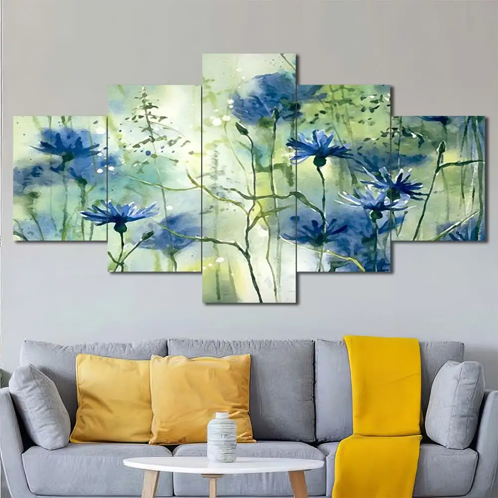 Blue Wildflowers Canvas Wall Art featuring blue wildflowers in a watercolor composition 5 Panels Diamond Layout