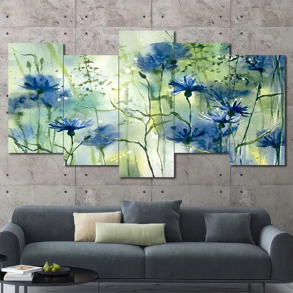 Blue Wildflowers Canvas Wall Art featuring blue wildflowers in a watercolor composition 5 Panels Uneven Layout