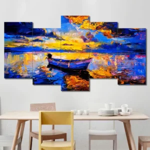 Boat at Sunset Canvas Wall Art featuring boat at sunset in a digital art composition 5 Panels Uneven Layout