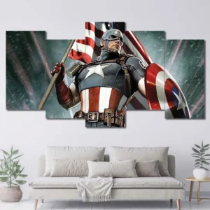 Captain America wall art featuring American flag and heroic patriotic pose 5 Panels Uneven Layout