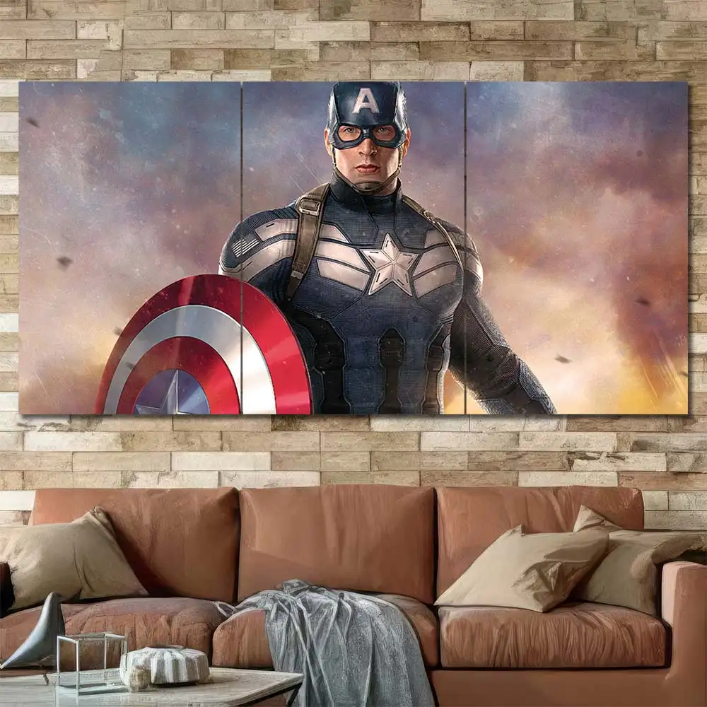 Captain America portrait wall art featuring detailed superhero artwork and shield 3 Panels Regular Layout