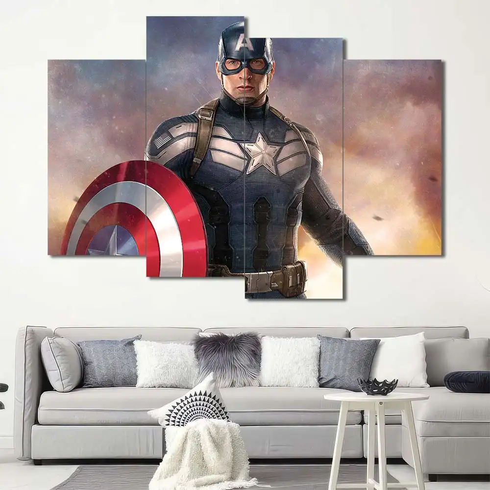 Captain America portrait wall art featuring detailed superhero artwork and shield 4 Panels Uneven Layout