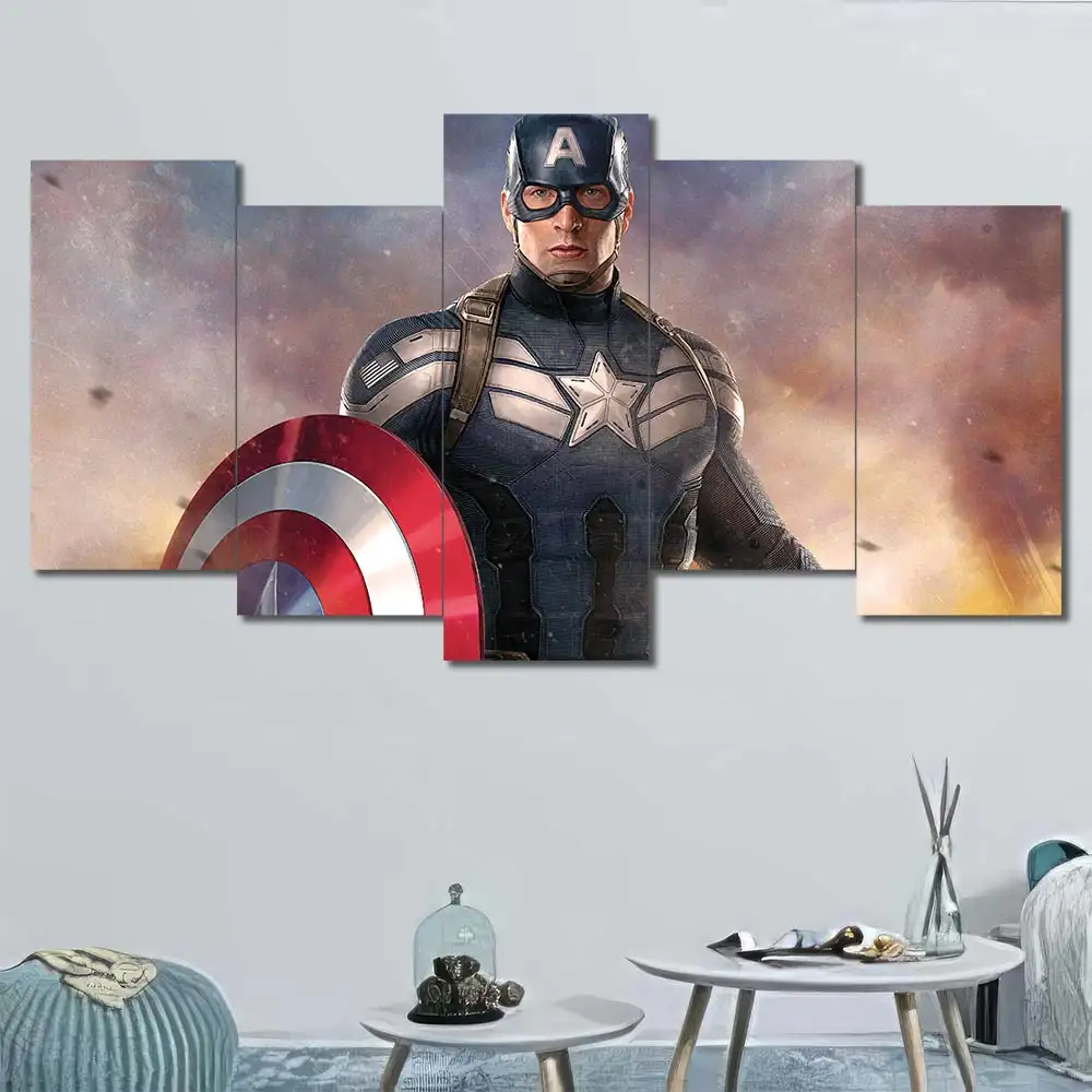 Captain America portrait wall art featuring detailed superhero artwork and shield 5 Panels Uneven Layout