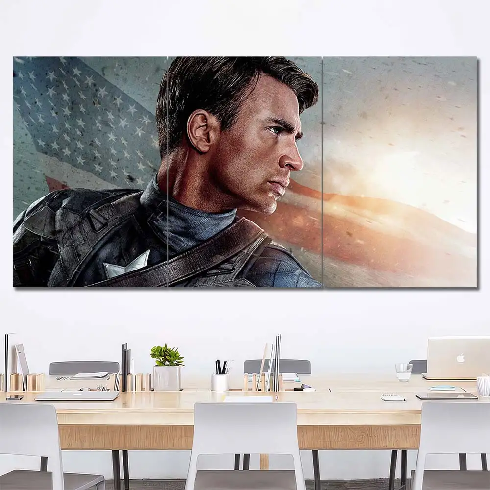 Captain America portrait wall art featuring patriotic background and cinematic styling 3 Panels Regular Layout