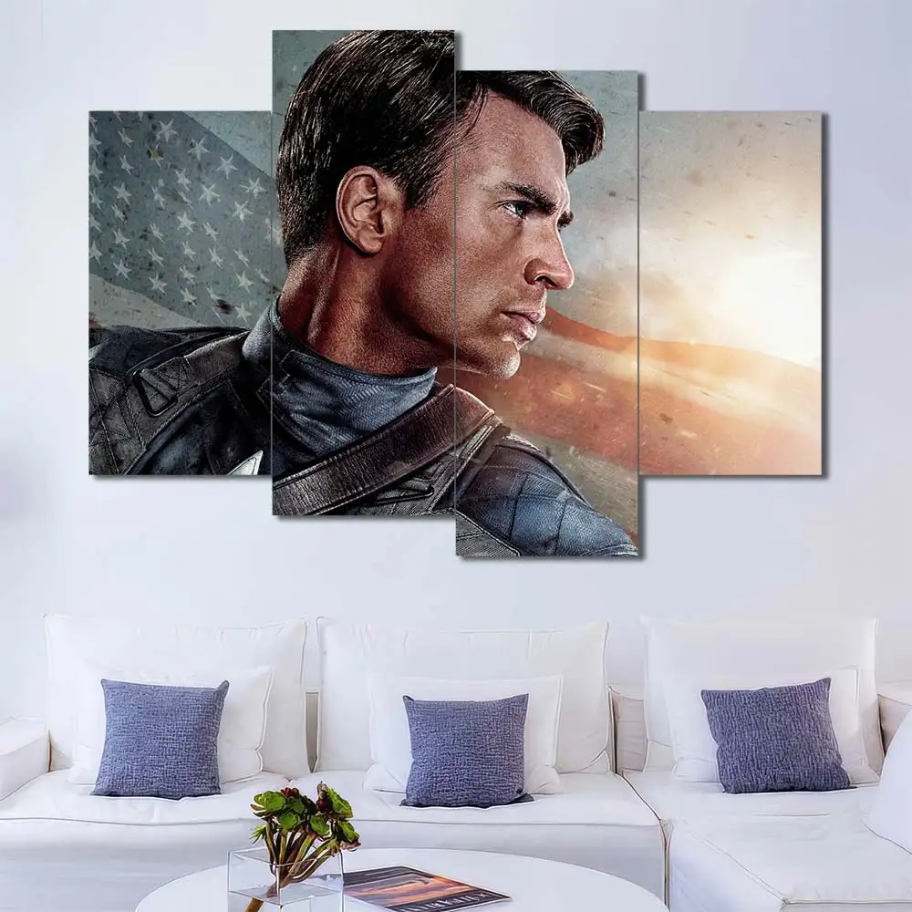 Captain America portrait wall art featuring patriotic background and cinematic styling 4 Panels Uneven Layout