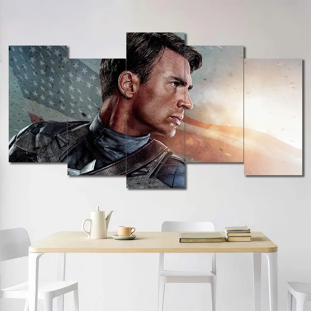 Captain America portrait wall art featuring patriotic background and cinematic styling 5 Panels Uneven Layout