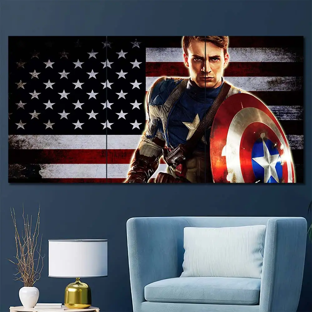 Captain America wall art featuring patriotic shield and American flag background 3 Panels Regular Layout