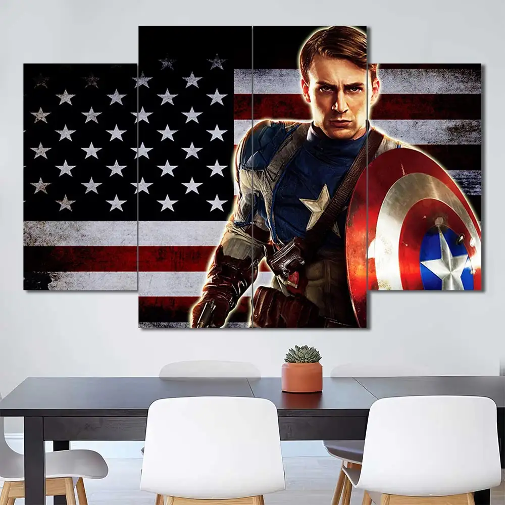 Captain America wall art featuring patriotic shield and American flag background 4 Panels Diamond Layout
