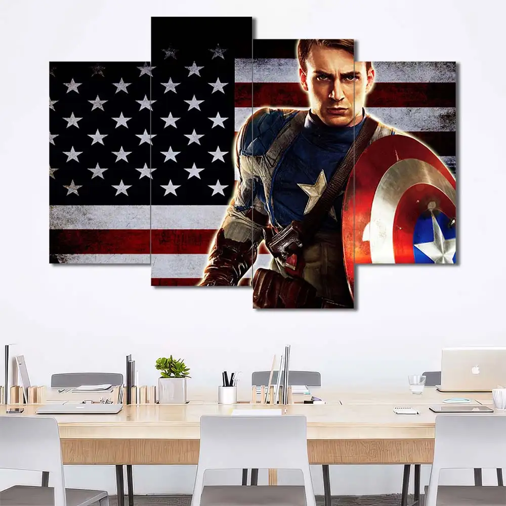 Captain America wall art featuring patriotic shield and American flag background 4 Panels Uneven Layout