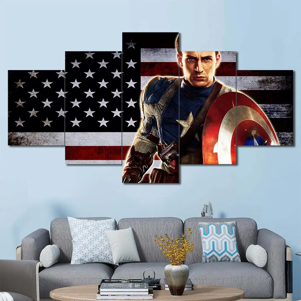 Captain America wall art featuring patriotic shield and American flag background 5 Panels Diamond Layout