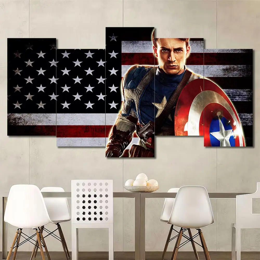 Captain America wall art featuring patriotic shield and American flag background 5 Panels Uneven Layout