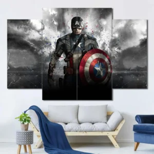 Captain America wall art featuring stormy battlefield and cinematic superhero atmosphere 4 Panels Diamond Layout