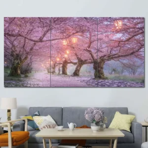 Cherry Blossom Path Canvas Wall Art featuring cherry blossom path in a landscape composition 3 Panels Regular Layout