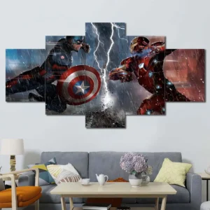 Captain America versus Iron Man battle wall art with cinematic action scene 5 Panels Diamond Layout