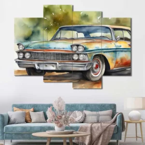 Classic Car Canvas Wall Art featuring classic car in a retro poster composition 4 Panels Uneven Layout