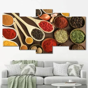 Colorful Spices Canvas Wall Art featuring colorful spices in a poster design composition 5 Panels Uneven Layout