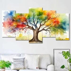 Colorful Tree Canvas Wall Art featuring colorful tree in a watercolor composition 5 Panels Uneven Layout