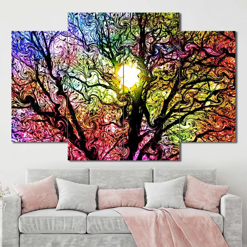 Colorful Tree of Life Canvas Wall Art featuring colorful tree of life in a digital art composition 4 Panels Diamond Layout