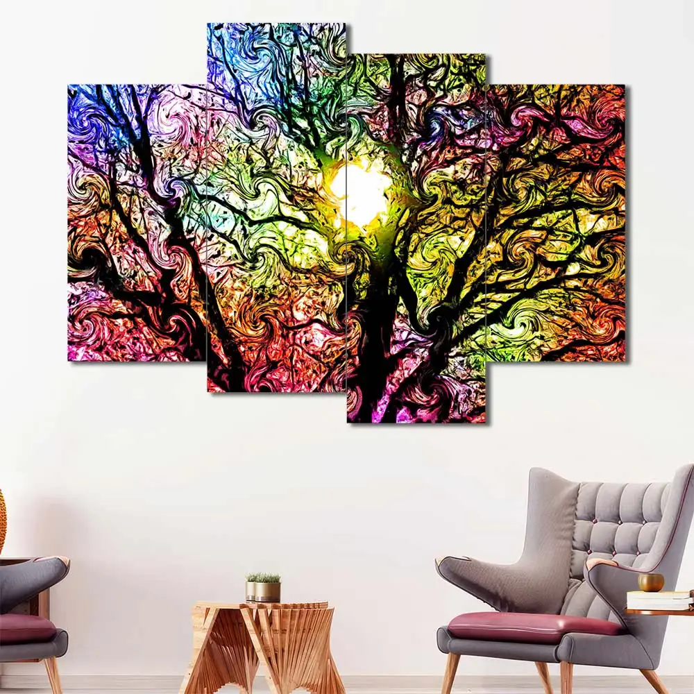Colorful Tree of Life Canvas Wall Art featuring colorful tree of life in a digital art composition 4 Panels Uneven Layout