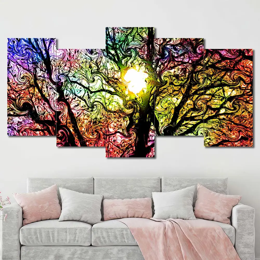 Colorful Tree of Life Canvas Wall Art featuring colorful tree of life in a digital art composition 5 Panels Uneven Layout