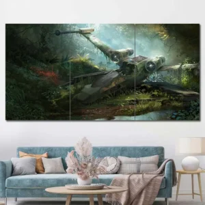 Crashed X-Wing Jungle Wall Art – Abandoned Starfighter Landscape