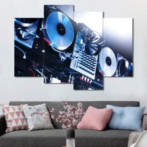 DJ Turntables Canvas Wall Art featuring dj turntables in a poster design composition 4 Panels Uneven Layout