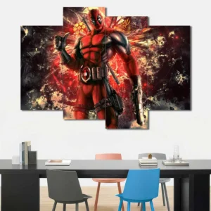 Deadpool canvas wall art featuring explosive energy effects and antihero action 4 Panels Uneven Layout
