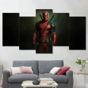 Deadpool portrait wall art featuring dark cinematic lighting and detailed costume design 5 Panels Uneven Layout