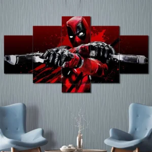 Deadpool canvas wall art featuring dual pistols and bold comic-inspired styling 5 Panels Diamond Layout