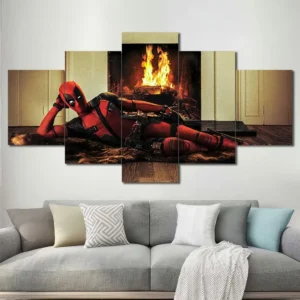 Deadpool wall art featuring a humorous fireplace lounge scene 5 Panels Diamond Layout