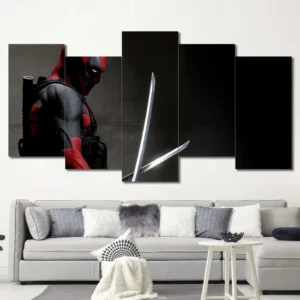 Deadpool wall art featuring dual katanas and dramatic antihero pose 5 Panels Uneven Layout