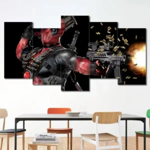 Deadpool canvas wall art featuring action-packed combat scene with dual weapons 5 Panels Uneven Layout