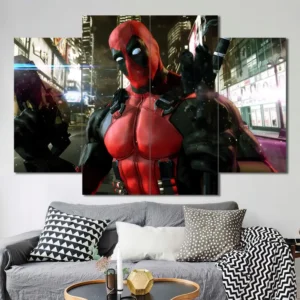Deadpool canvas wall art featuring neon city lights and cinematic antihero styling 4 Panels Diamond Layout