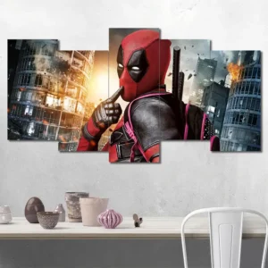 Deadpool canvas wall art featuring an urban cityscape and cinematic antihero portrait 5 Panels Uneven Layout