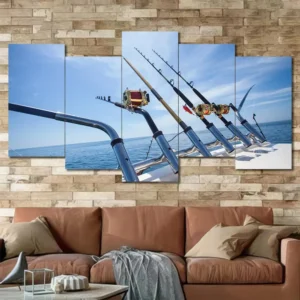 Deep Sea Fishing Rods Canvas Wall Art featuring deep sea fishing rods in a dynamic pose composition 5 Panels Uneven Layout