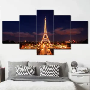 Eiffel Tower at Night Canvas Wall Art featuring eiffel tower at night in a cityscape composition 5 Panels Diamond Layout