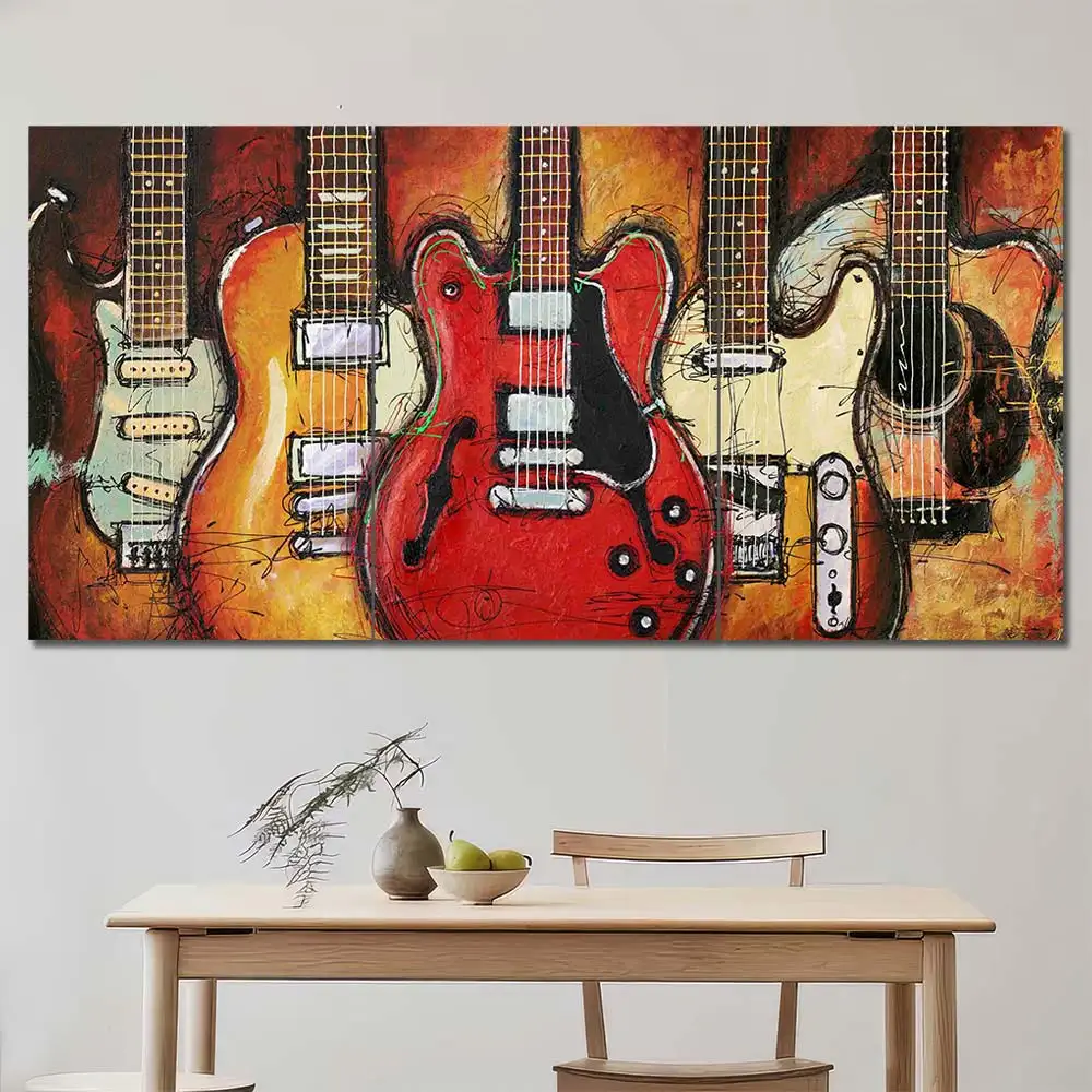 Electric Guitars Canvas Wall Art featuring electric guitars in a poster design composition 3 Panels Regular Layout
