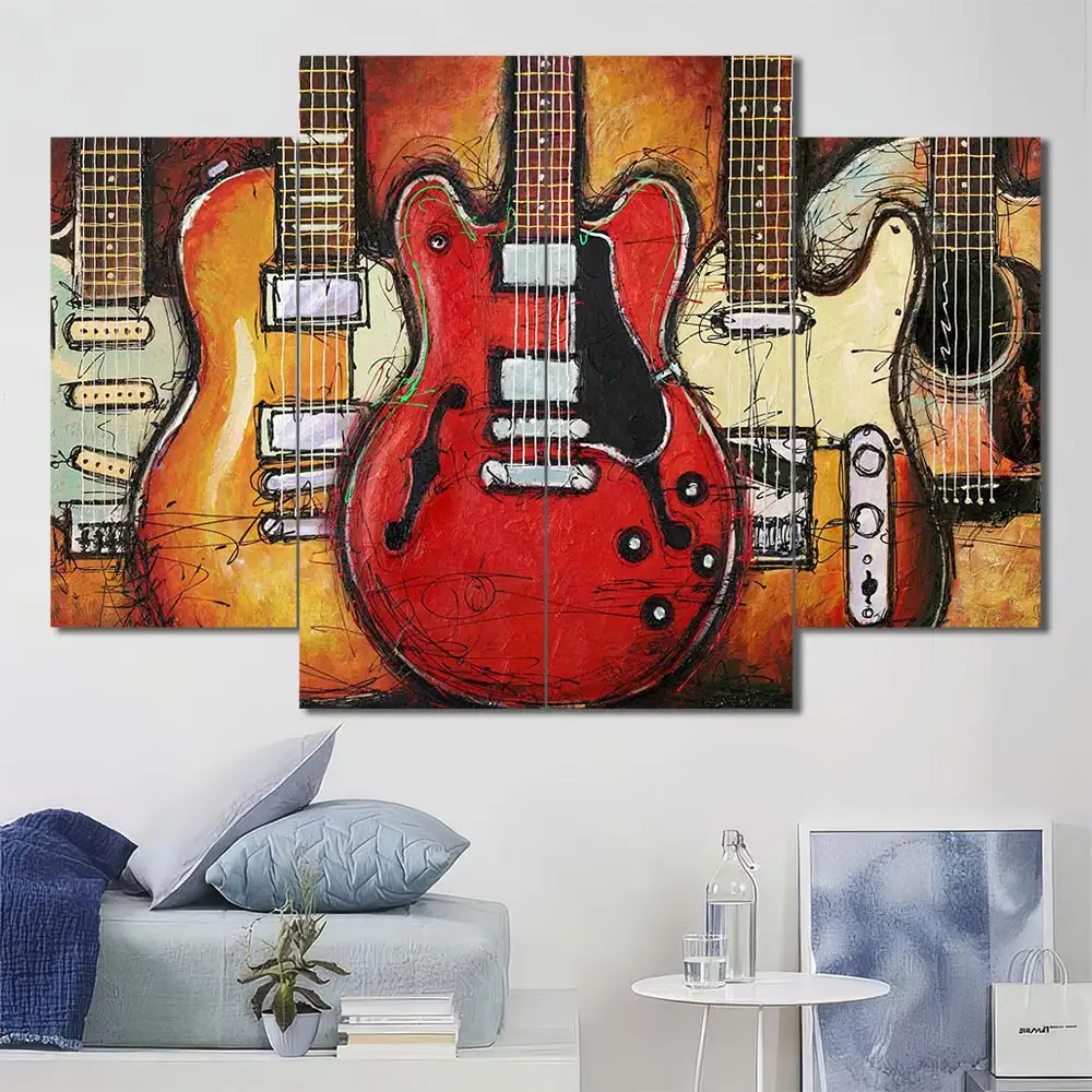 Electric Guitars Canvas Wall Art featuring electric guitars in a poster design composition 4 Panels Diamond Layout