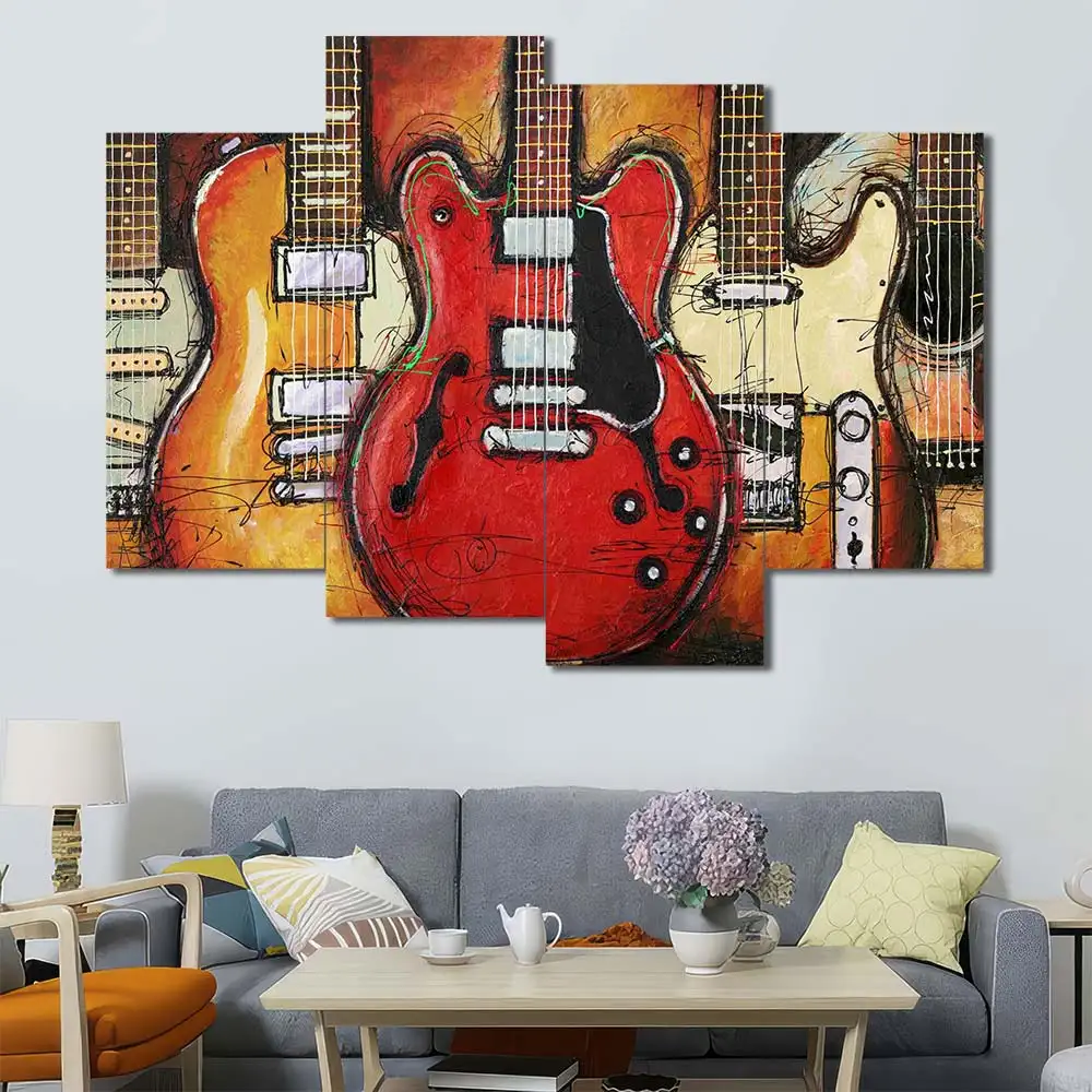 Electric Guitars Canvas Wall Art featuring electric guitars in a poster design composition 4 Panels Uneven Layout