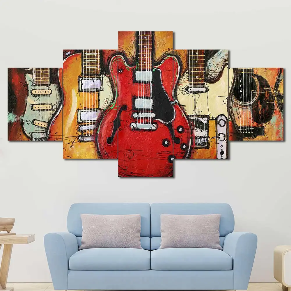 Electric Guitars Canvas Wall Art featuring electric guitars in a poster design composition 5 Panels Diamond Layout