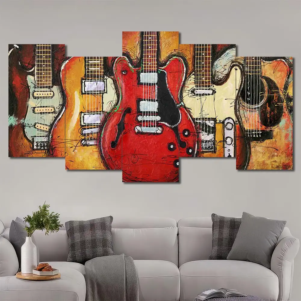 Electric Guitars Canvas Wall Art featuring electric guitars in a poster design composition 5 Panels Uneven Layout
