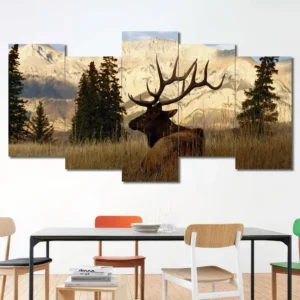 Elk in Mountain Meadow Canvas Wall Art featuring elk in mountain meadow in a hero pose composition 5 Panels Uneven Layout