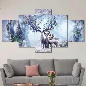 Enchanted Deer Canvas Wall Art featuring enchanted deer in a illustration composition 5 Panels Diamond Layout
