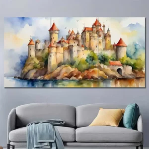 Fairytale Castle Canvas Wall Art featuring fairytale castle in a illustration composition 3 Panels Regular Layout