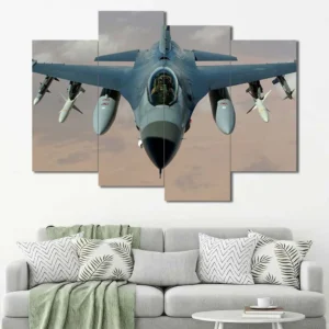 Fighter Jet Canvas Wall Art featuring fighter jet in a dynamic pose composition 4 Panels Uneven Layout