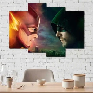 Flash and Green Arrow wall art featuring an intense hero rivalry composition 4 Panels Uneven Layout