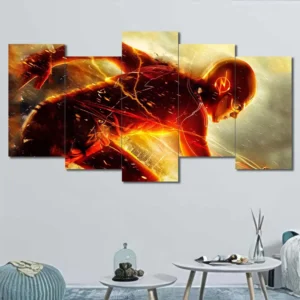 The Flash wall art featuring fiery speed effects and cinematic running action 5 Panels Uneven Layout