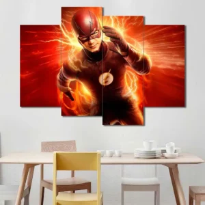 The Flash canvas wall art featuring intense lightning effects and Speed Force energy 4 Panels Uneven Layout