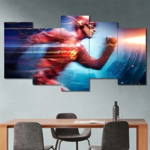 The Flash canvas wall art featuring Speed Force energy and cinematic running pose 5 Panels Uneven Layout