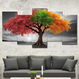 Four Seasons Tree Canvas Wall Art featuring four seasons tree in a illustration composition 5 Panels Uneven Layout
